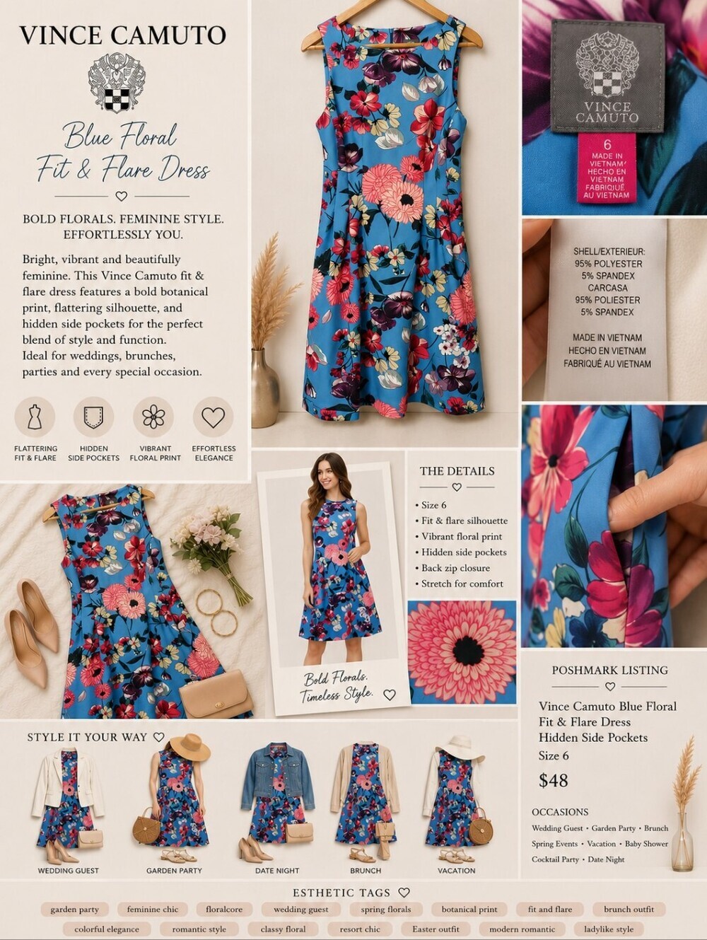 Vince Camuto Blue Sleeveless Floral Fit & Flare Dress Hidden Side Pockets - 6